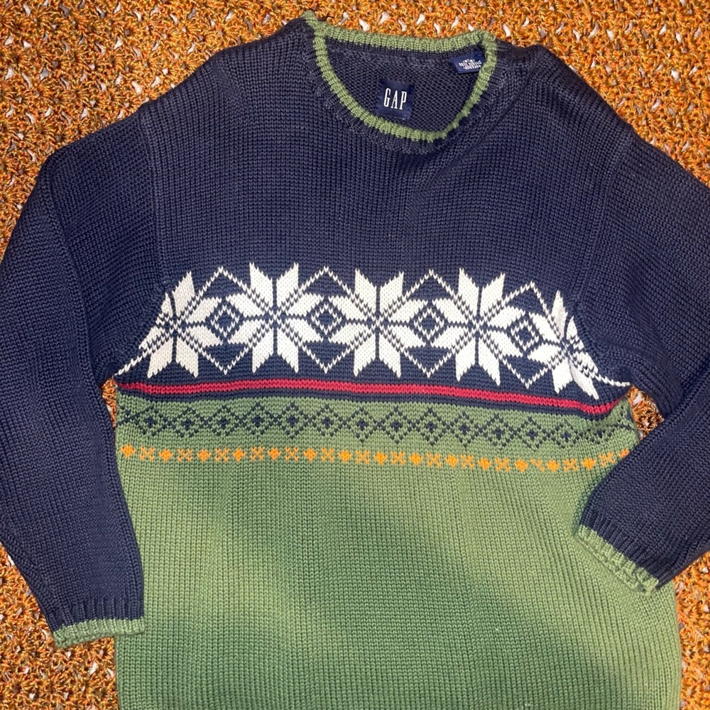 GAP BOYS SWEATER vtg Nordic Snowflake Fair Isle Crewneck Pullover Ski Sweater